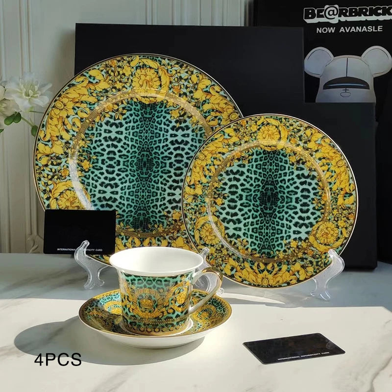 Golden Edge Luxury Tableware Set, Western Dinner Plate, Steak Flat Tray, Bone China Dinnerware Set, Coffee Cup, 10 ", 8" plates