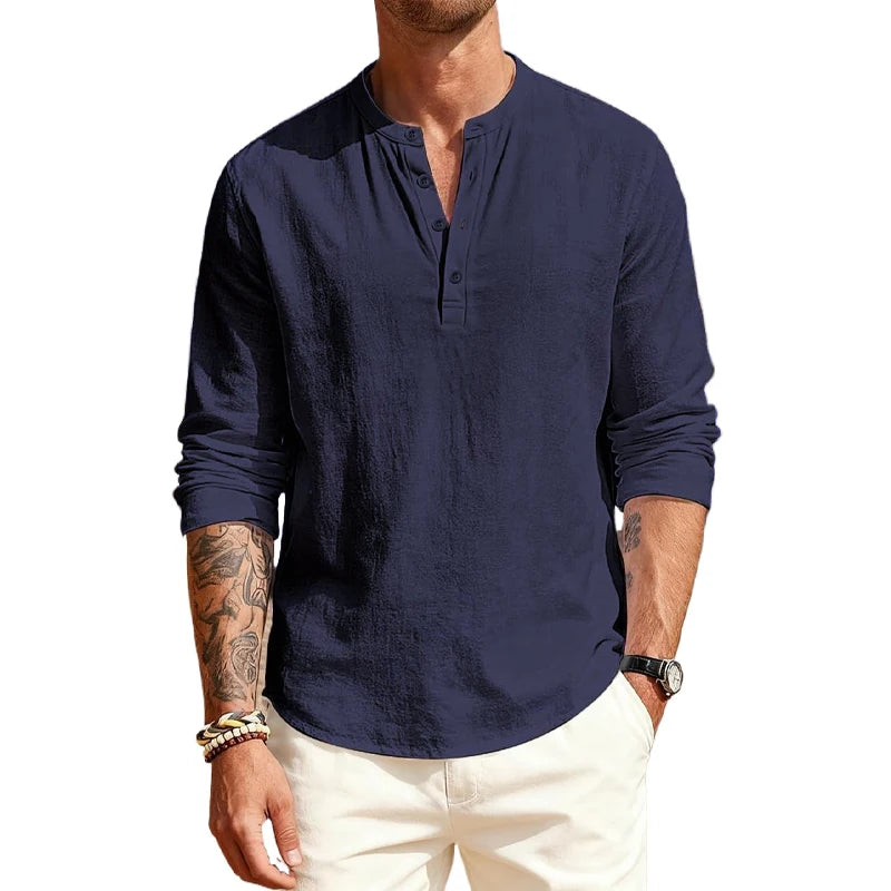 Cotton T - Shirts with Long Sleeves. Casual Henley, 9  or 10 Solid Colors  of  T-shirts for Men.
