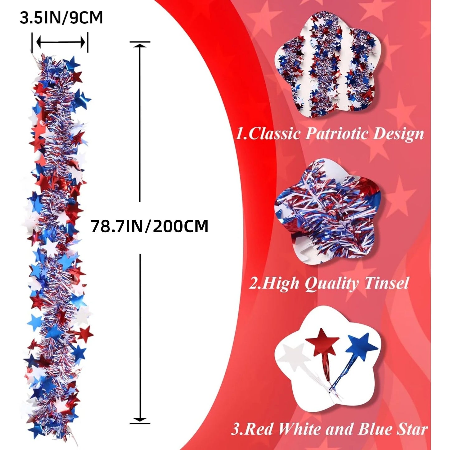 4th of July Garland Decorations,Glitter Tinsel Patriotic Decor for Tree Car Golf Cart Parade Float Bike Party Table Yard Door