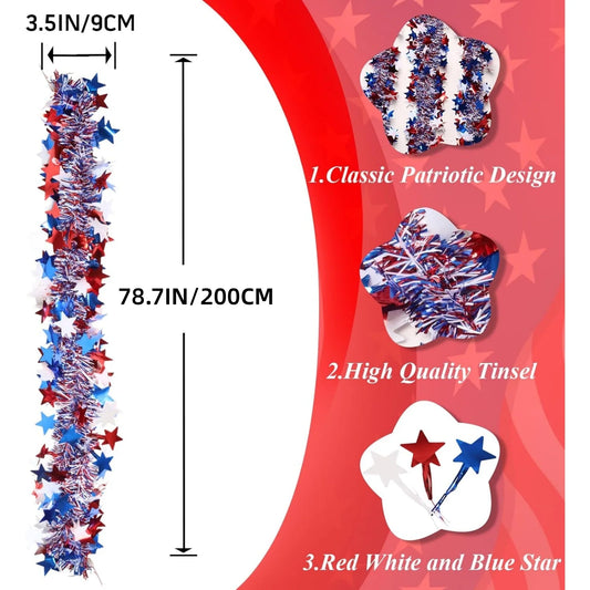 4th of July Garland Decorations,Glitter Tinsel Patriotic Decor for Tree Car Golf Cart Parade Float Bike Party Table Yard Door