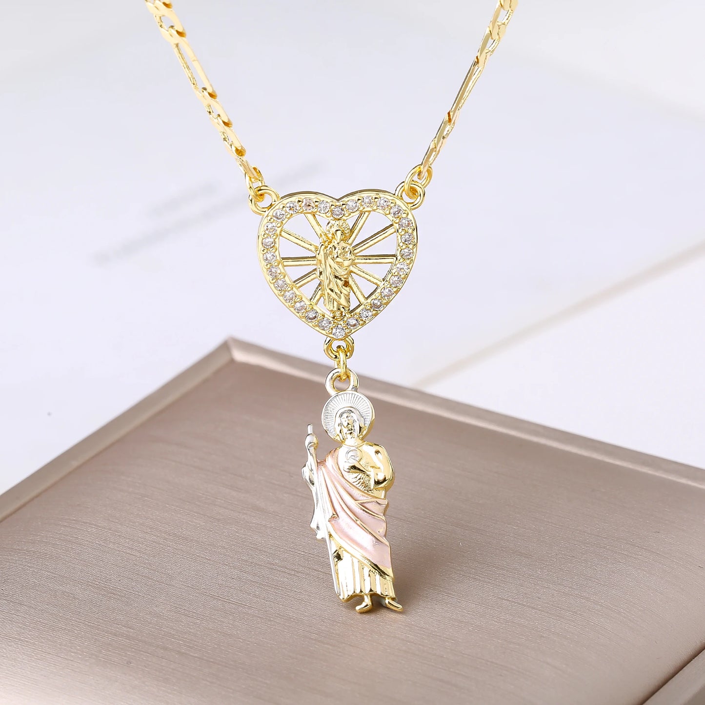Catholic Saint Jude Heart,  Pendant NecklacE,  Gold Plated/ Rhinestone Religious Jewelry for Women Men, Prayer Gift