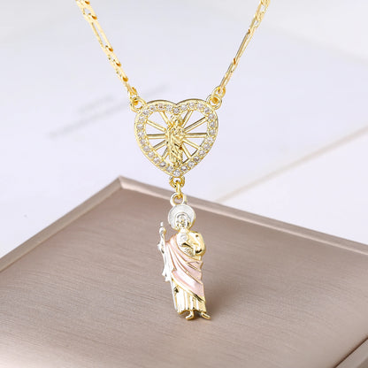 Catholic Saint Jude Heart,  Pendant NecklacE,  Gold Plated/ Rhinestone Religious Jewelry for Women Men, Prayer Gift