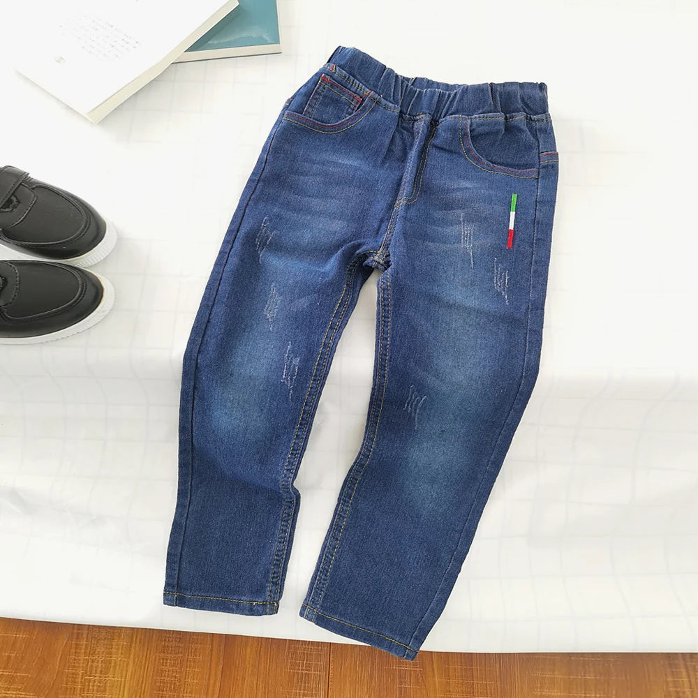 Kids Slim Jeans.  Teen Boys Casual Trousers,  Child Elastic Waist Pants,  4-11 Years of age. Solid Color Straight Denim Pants