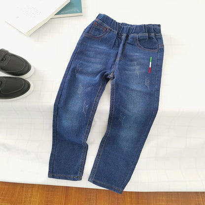 Kids Slim Jeans.  Teen Boys Casual Trousers,  Child Elastic Waist Pants,  4-11 Years of age. Solid Color Straight Denim Pants