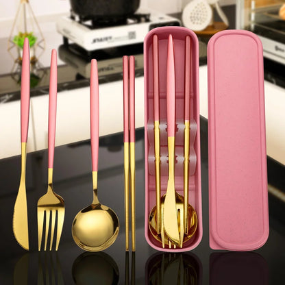 Stainless Steel Cutlery Set With Storage Box,  4 Counts,  Portable Tableware Set For Home,  Kitchen,  Dining Room, Household