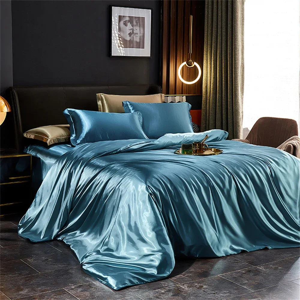 Solid Silk Bedding Set with Duvet Cover, Bed Sheet, 2 Pillowcases Luxury Satin Single Double Bedsheet King Queen Twin Size