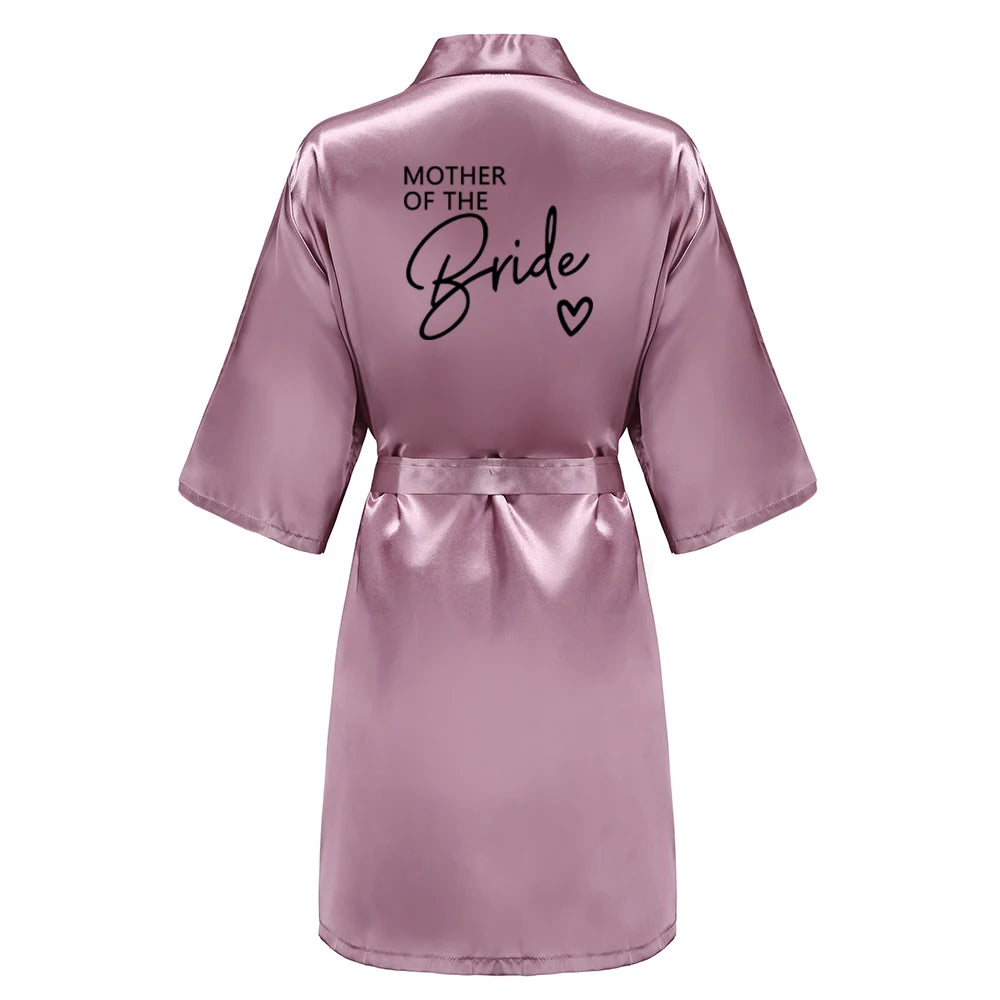 Wedding Party Team Bride Robe With Black Letters, Kimono Style Satin Bridesmaid Bathrobes