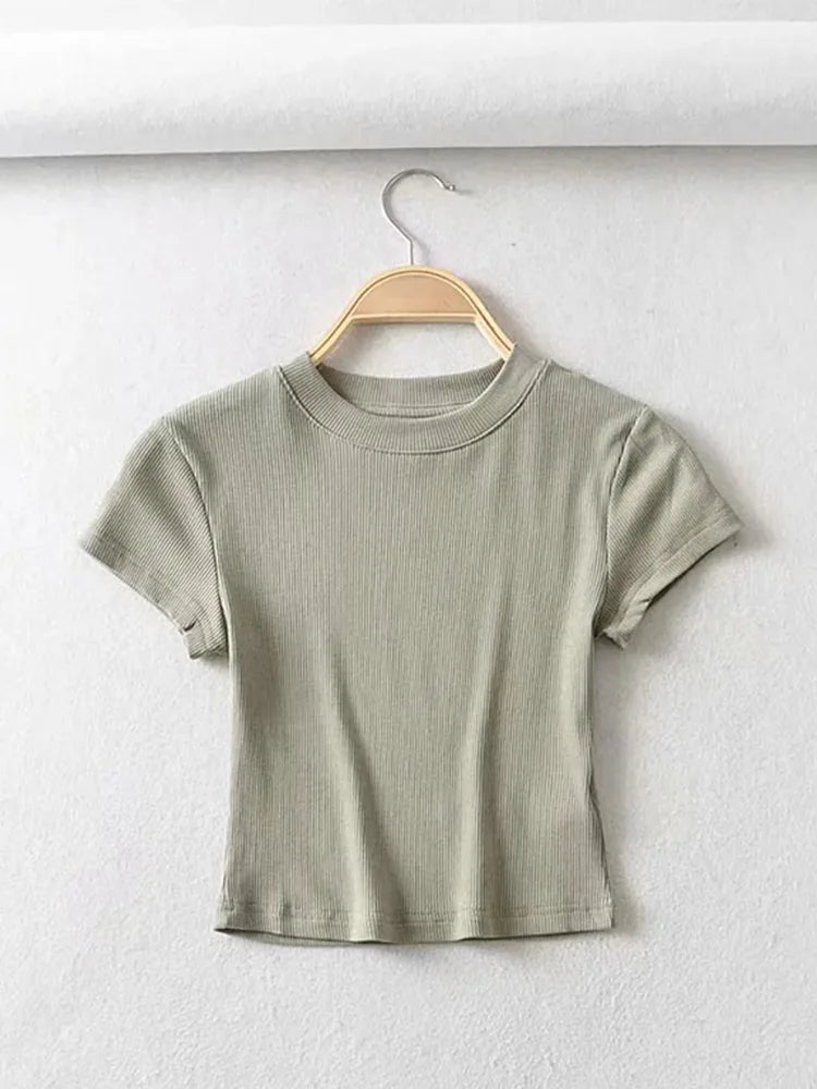 Summer Sexy Womens  O-neck Short-sleeve T-shirt,  Slim Elastic Skinny Crop Tops