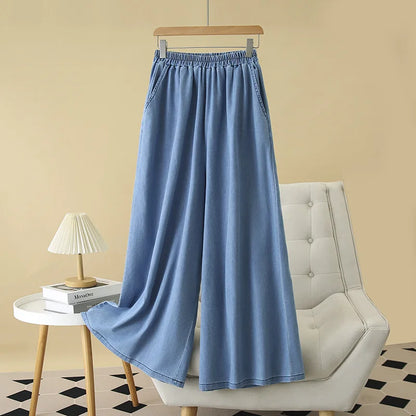 Women's Plus Size Lightweight Lyocell Jeans/Culottes High Waisted, Wide Leg Pants With Draped Ice Silk Fabric For Spring Summer
