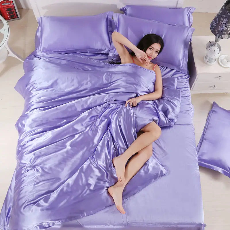 Nordic Satin Silk Bedding Set with Duvet Cover,  Bed Sheet,  Pillowcases.   Luxury Solid Single, Double, Couple Pillow Case and Bedsheet