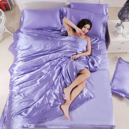 Nordic Satin Silk Bedding Set with Duvet Cover,  Bed Sheet,  Pillowcases.   Luxury Solid Single, Double, Couple Pillow Case and Bedsheet
