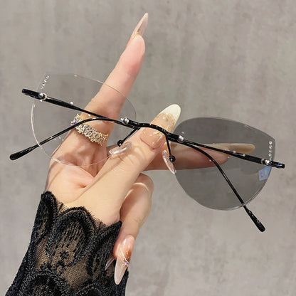 High Quality Frameless Photochromic Myopia Glasses.   All Titanium, Ultra Light Cat Eye , Anti -Blue Light Glasses,  Diopter To -4.0