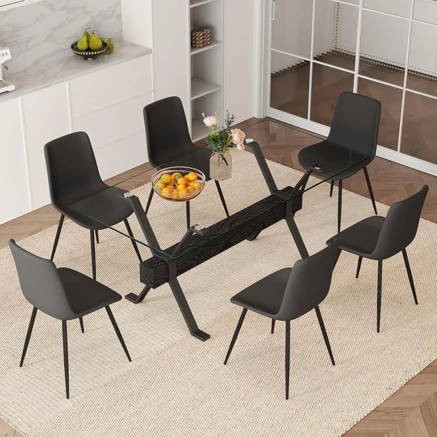 71“ Glass Dining Table Set for 6, Modern 7-Piece Dining Table Set,Rectanglular Tempered Glass Top and Metal Legs, Customized