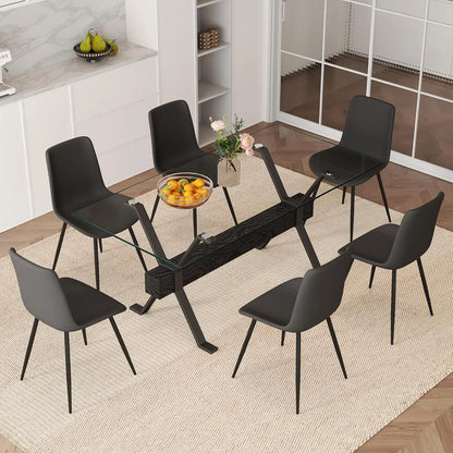 71“ Glass Dining Table Set for 6, Modern 7-Piece Dining Table Set,Rectanglular Tempered Glass Top and Metal Legs, Customized