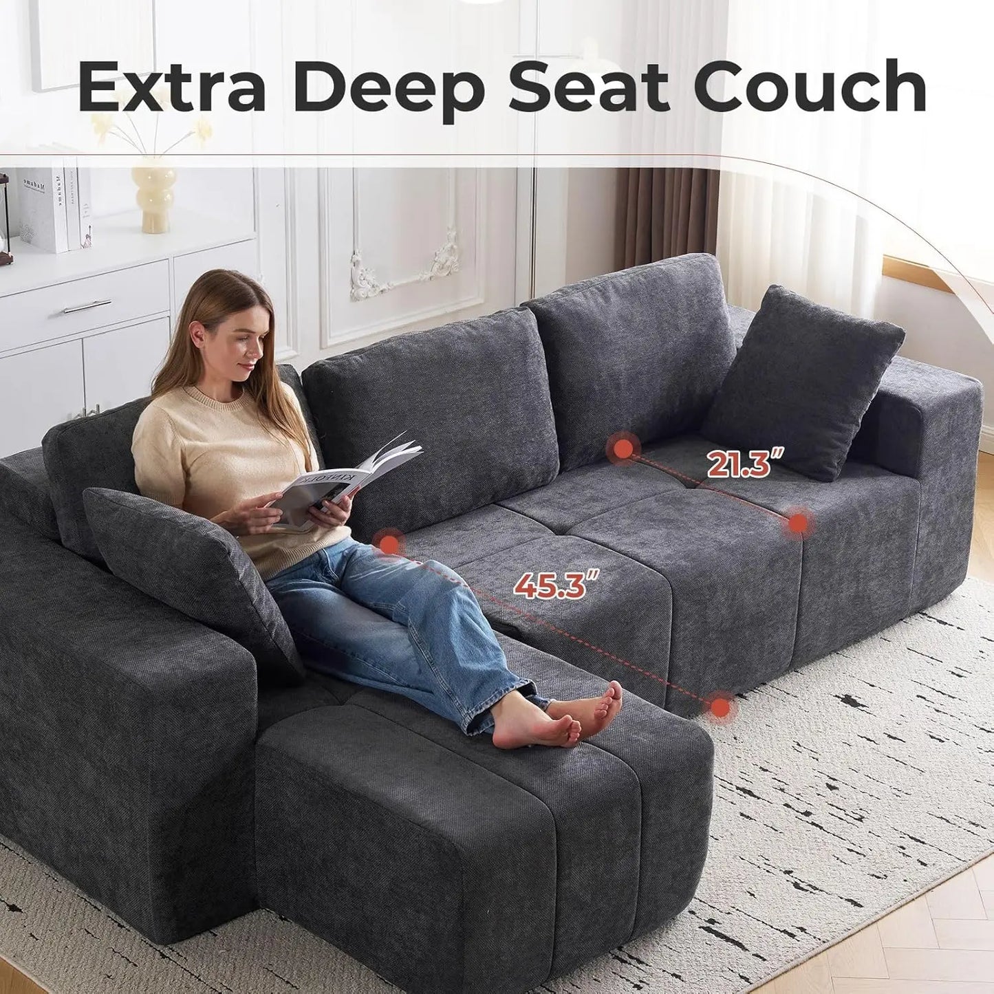 Cloud Modular Sectional Couch 105 Inch Chenille Deep Seat L-Shape Sofa with Chaise Customized Upholstered Boneless Couches