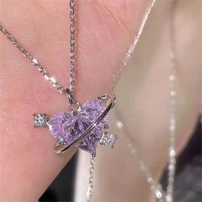 Pink Planet Heart Zircon Pendant Necklaces/ Women Fashion Aesthetic Clavicle Chain. Perfect Gift for MOTHERS DAY, Valentines Day, any special occasion