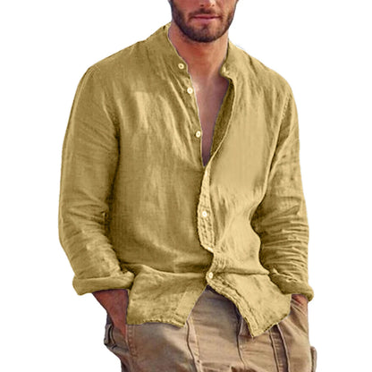 Men's Solid Colors with  Long Sleeve Shirts.  Linen/  Cotton  Trend.   Plus-sizes, Stand-up Collar,  Casual Lightweight.