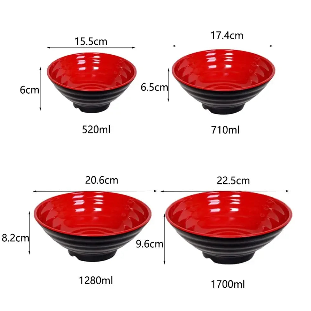 Household Melamine Ramen Bowl  with Red and Black Ring Striped Pattern.  For Fruit, Salad, Soup.   Heat Safe,  Japanese Style Soup Bowl Commercial