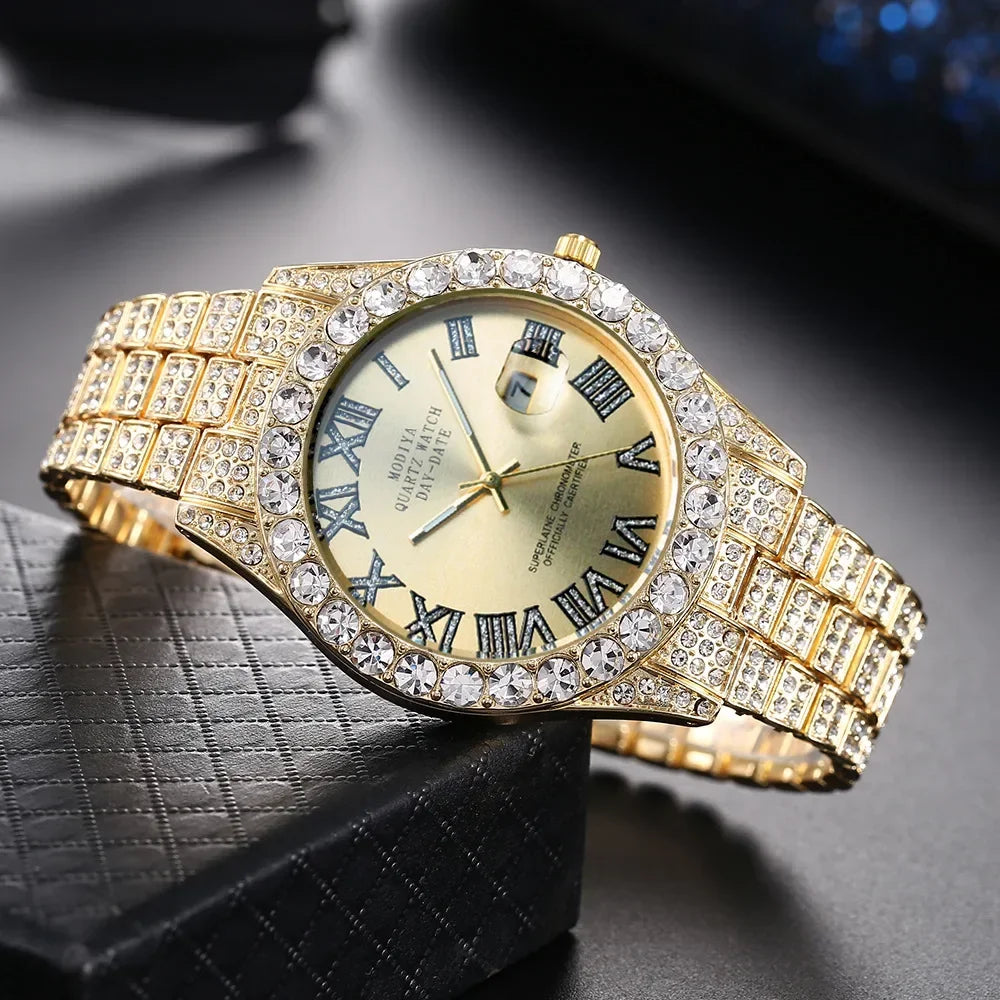 Hot Sale Diamond Bling Watch  for Men,  Gold Color,  Luxury Gift,  Quartz Watches, Mems Clock,  Dropshipping,   Rhinestone Calendar Wristwatch.  RED Face and   " 1 Gold Face "  are gone.  This is going fast.  Don't wait!!!