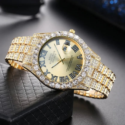 Hot Sale Diamond Bling Watch  for Men,  Gold Color,  Luxury Gift,  Quartz Watches, Mems Clock,  Dropshipping,   Rhinestone Calendar Wristwatch.  RED Face and   " 1 Gold Face "  are gone.  This is going fast.  Don't wait!!!