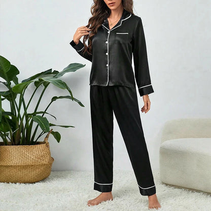 Plus Size Fall and Winter Silk Satin Women Pajamas Set Button down Top & Trousers 2 PCS Set Sleepwear Solid Nightwear Loungewear