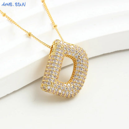 MHS.SUN Gold Plated Balloon 26 Letter Necklaces Copper Zircon Bubble Initial Pendant Chunky Women Personality Chain Jewelry
