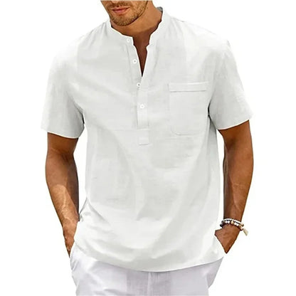 Cotton /Linen Shirt for  Men , Henley Neck,  Pocket,  Casual Beach, Short Sleeved,  Solid Colors, Male T-shirts