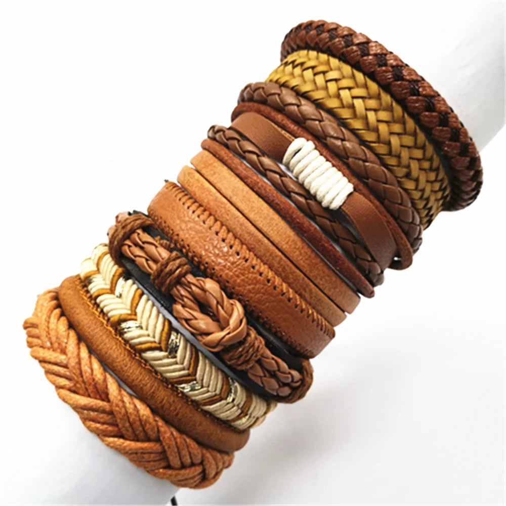 10 Pcs/set Black Wrap Woven, Handmade Mens  Bracelets. Male / Female Leather Bracelets.
