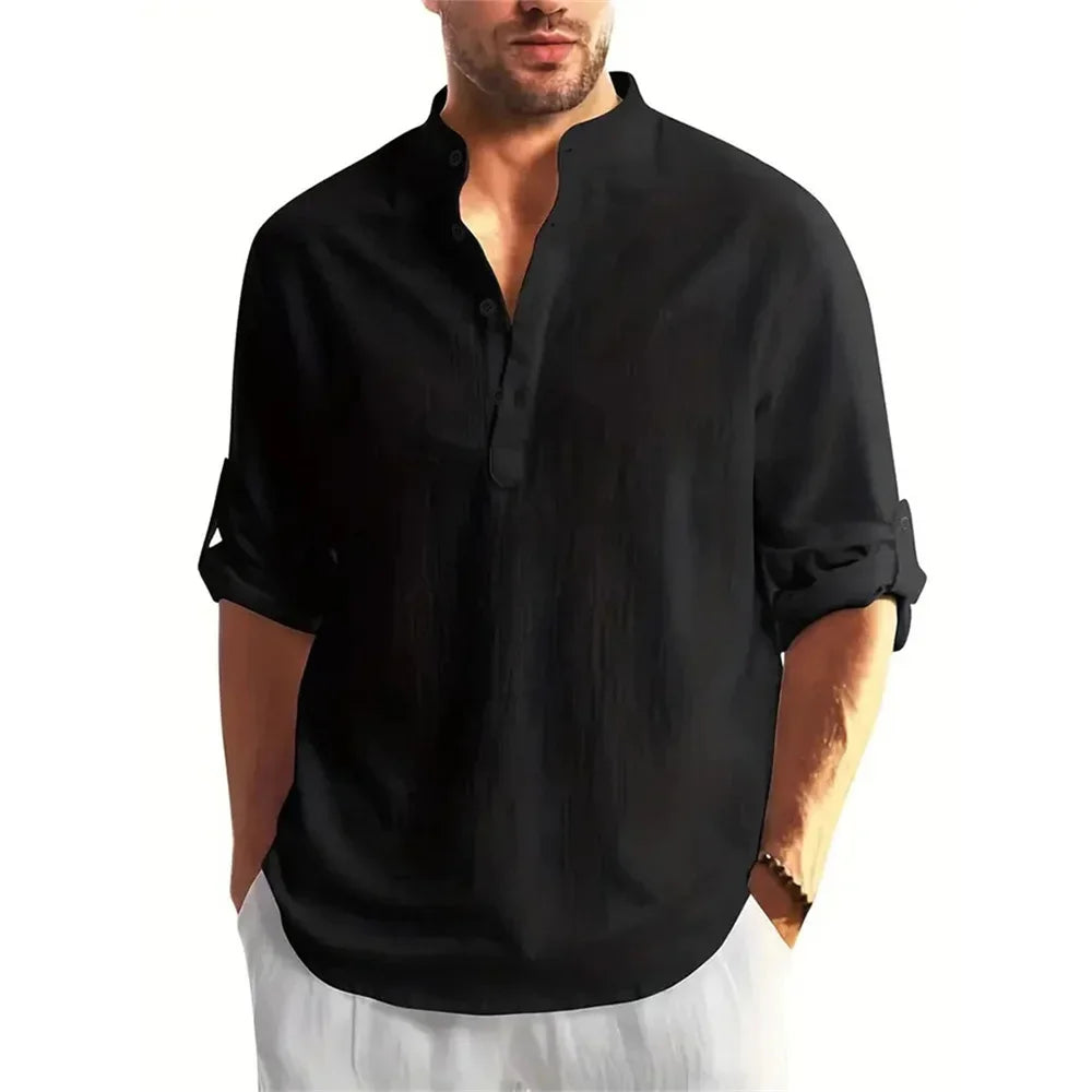 Autumn Men's Cotton /Linen Long Sleeve T-shirt Solid Color Henley Collar Lightweight Breathable Men's Casual Button Top
