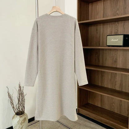Warm Velvet Striped Design Long Sleeved Nightgown Men's Sleeping Dress Loose Plus Size Home Wear Mid Length Men Clothes