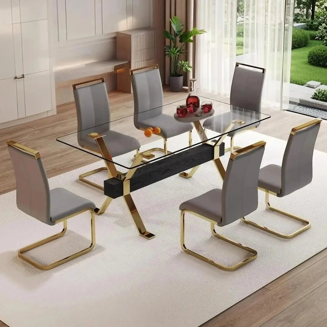 71“ Glass Dining Table Set for 6, Modern 7-Piece Dining Table Set,Rectanglular Tempered Glass Top and Metal Legs, Customized