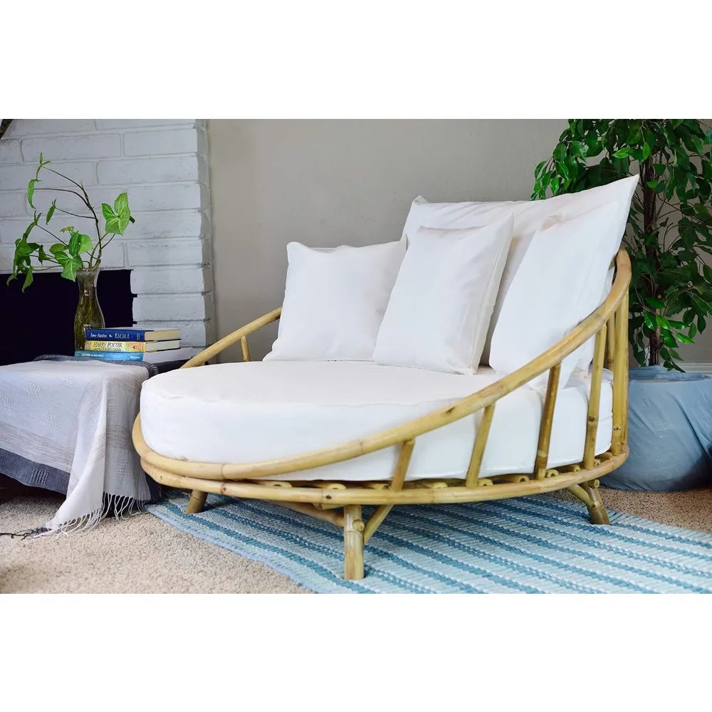 Rattan Bamboo Round Daybed Outdoor Sofa Chair with Cushion and Pillows for Backyard, Porch, Swimming Pool, Living Room.  LUv,Luv,Luv  this item.