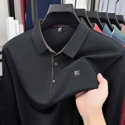 2026 Men's Business Casual Long Sleeved Shirt with Badge,   Solid Colors  of Polo Shirts.   Fashionable, Comfortable, Versatile. Nice Colors.