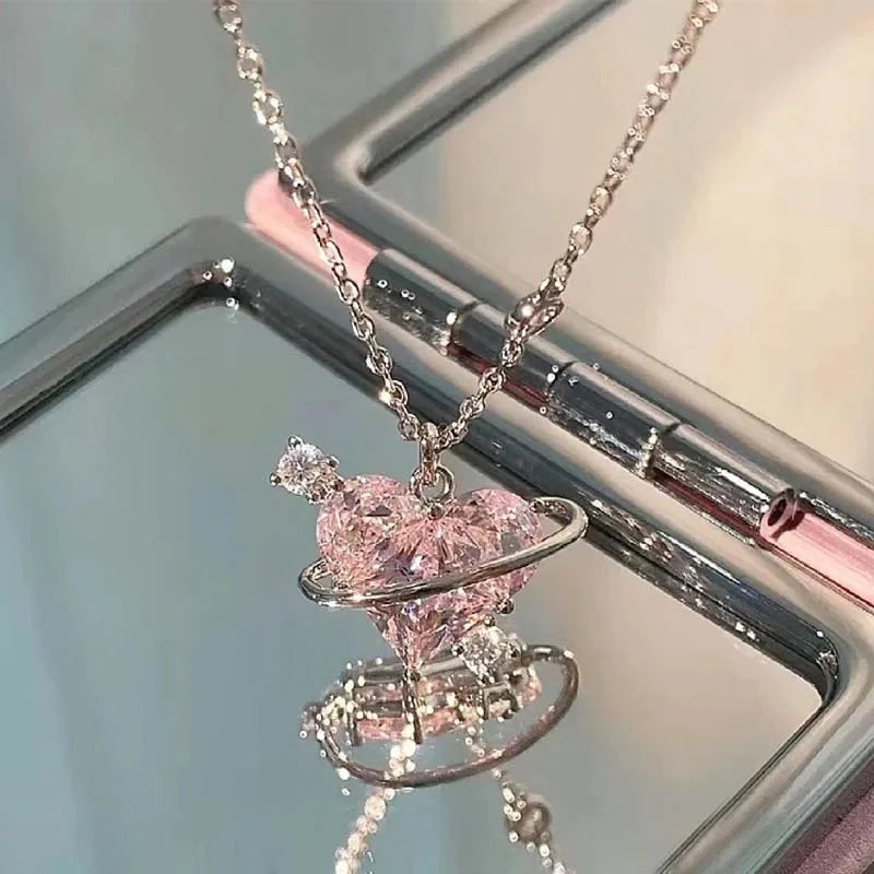 Pink Planet Heart Zircon Pendant Necklaces/ Women Fashion Aesthetic Clavicle Chain. Perfect Gift for MOTHERS DAY, Valentines Day, any special occasion