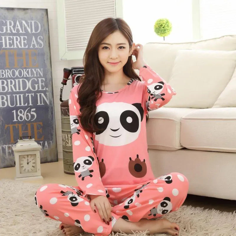 Ladies Pajamas Long Sleeved Cartoon Bear Student Casual Wear Set Easy to Wash Pullover Top and Pants Two-Piece Set Sleepwear