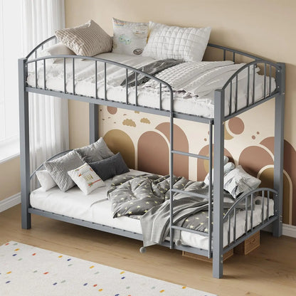 Metal Loft Bed Bunk Beds,  Twin Over Full Size with Heightened Safety Guardrail & Ladder, for School, Bedroom, Twin Size Grey