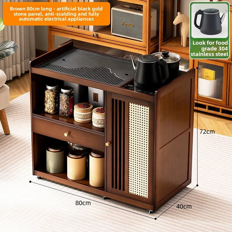 Small, Mobile tea table, Kettle integrated tea cabinet with Solid wood coffee table.  Tea cart Brewing tea table