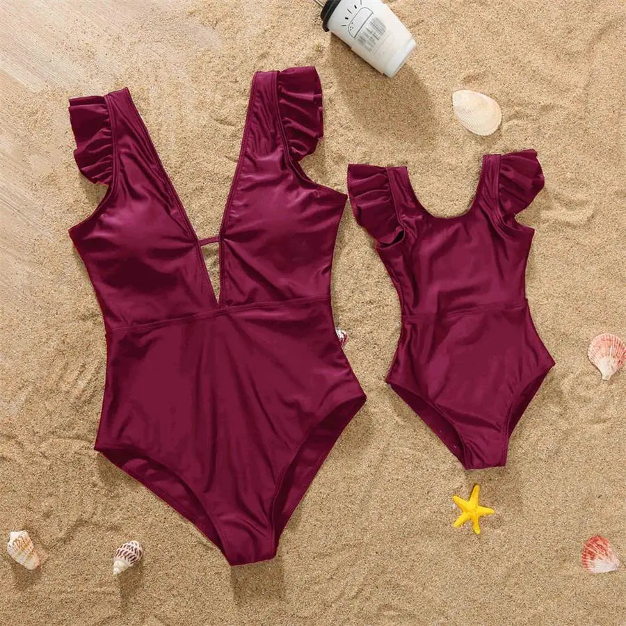 Mother- Daughter Matching Swimwear,  Ruffled and  Striped Mommy and Me Swimsuits.One-Piece Womens/ Girls Dresses