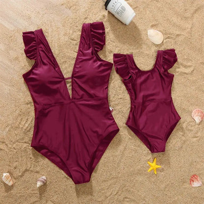 Mother- Daughter Matching Swimwear,  Ruffled and  Striped Mommy and Me Swimsuits.One-Piece Womens/ Girls Dresses
