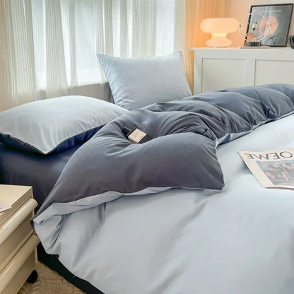 2-side Solid Color Brush Fabric Bed Set 4 Pieces Duvet Cover, 2  Pillowcase and Bedding Set.  Bed Sheet,  Quilt Cover, sizes Single,  Queen and King