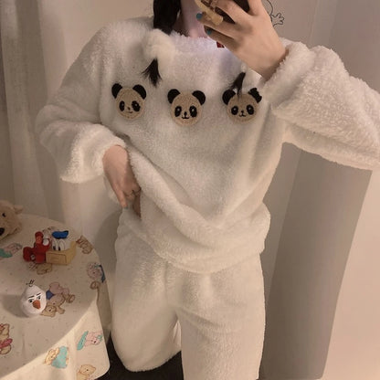 Fleece, Thick Warm Women's Pajamas Set FOR Winter Sleepwear. Casual Solid Top and Plaid Pants Soft  Pajmpas Set for Women