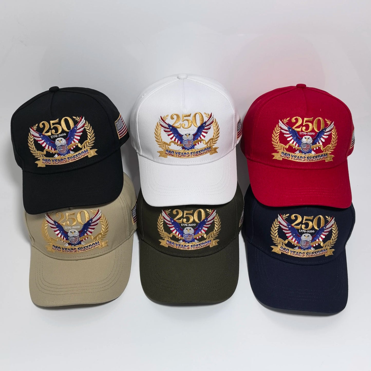1776-2026 USA 250 Years Freedom Eagle Embroidery Baseball Cap,  Hard Crown Structured Dad Hat,  American Flag Side Patch Patriotic