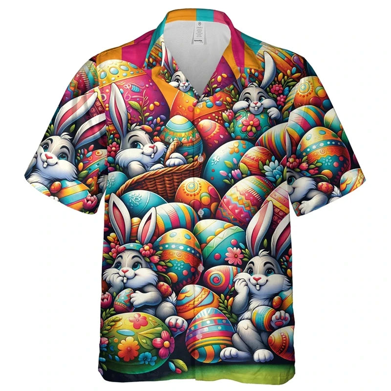 Happy Easter Day Graphic Beach Shirt,  Fashion Gifts,  Short Sleeve,  Cartoon Rabbit/ Egg