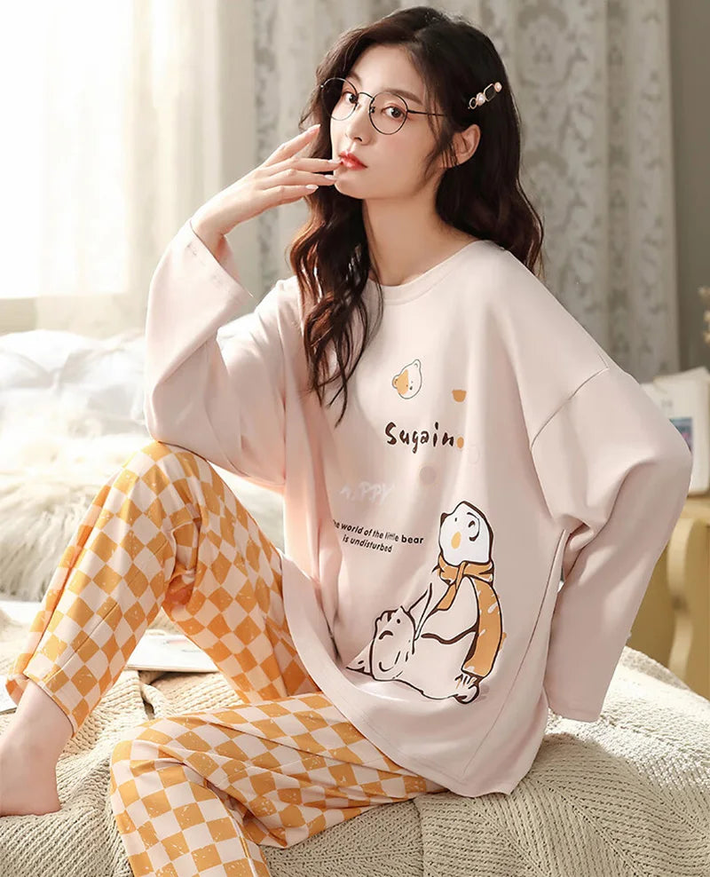 2Pcs/set women's pajamas spring and autumn with long trousers, cartoon cute  and can be worn outside  for leisure and comfort