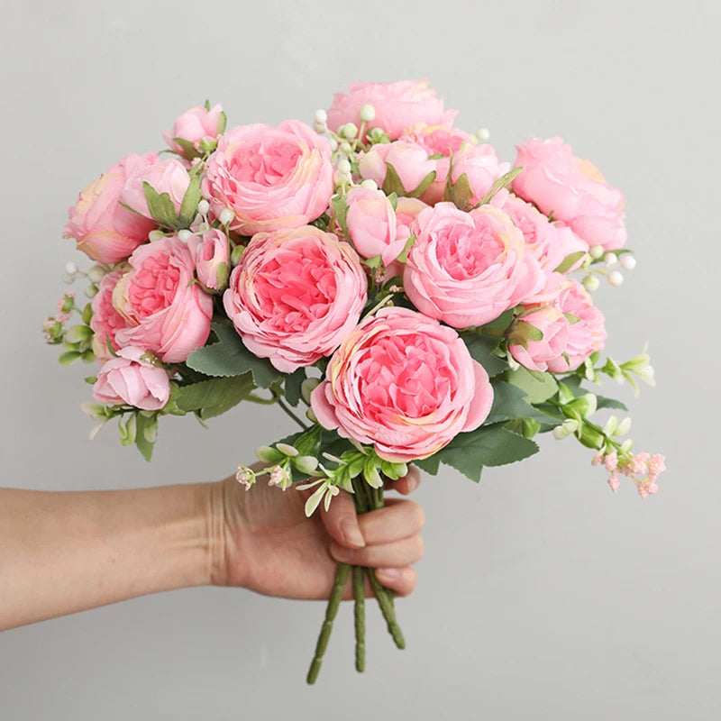 30cm Rose Pink Silk Bouquet of Peony Artificial Flowers.  5 Big Head 4 Small Bud.  MOTHERS DAY Gift!!!  Wedding, Home Decoration Artificial Flower
