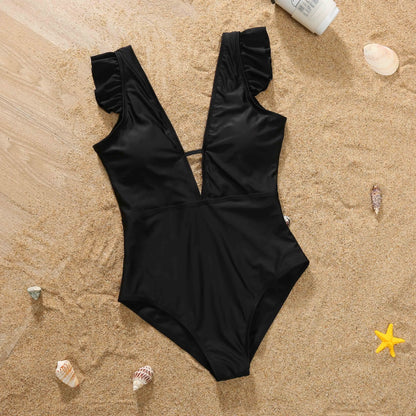 Mom /Daughter Matching Outfits, Solid Color,  One-Piece Swimwear,  Ruffles on Bathing