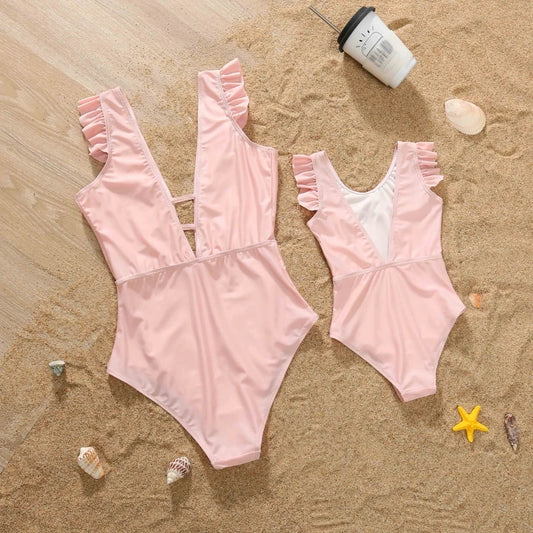 Mom /Daughter Matching Outfits, Solid Color,  One-Piece Swimwear,  Ruffles on Bathing
