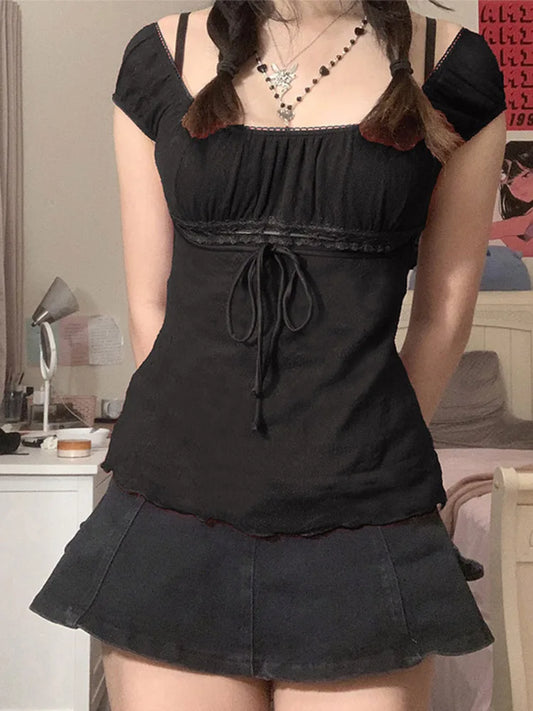 Sweet Lace Tops  for Women/Girls, Off-Shoulder,  Drawstring T-shirt.