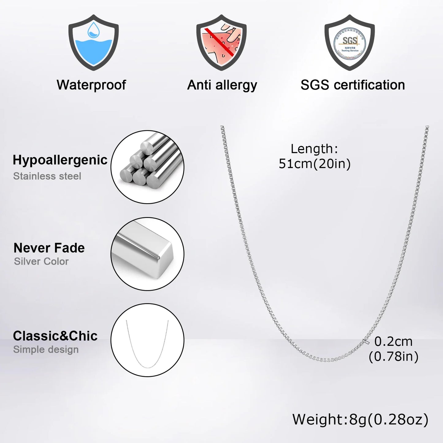 1/2/3MM Thin Chain Necklace for Men / Women, Stainless Steel Square Box Chain Link Collars, Male /Female Jewelry Gift