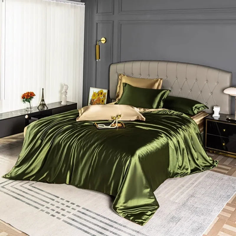 Natural Mulberry Silk Bedding Set Cover Fitted/Flat Bed Sheet,  2 Pillowcases, Luxury Satin Bedsheet,  Solid Colors  King, Queen,  Twin Size